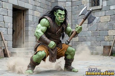 Crouching low in a stone courtyard, a muscular green orc man holds a battle axe