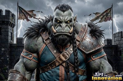 An orc man in armor standing on castle walls in a storm