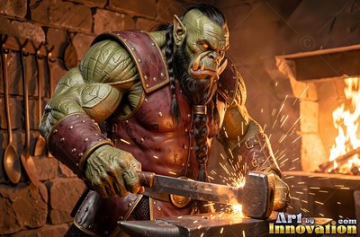Wearing a studded leather vest, a green orc man works in a stone forge beside a bright fire