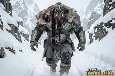 An armored orc man marches through deep snow under cold gray mountain light