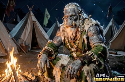 Crouched in an outdoor camp, a tusked orc man warms his hands by a fire