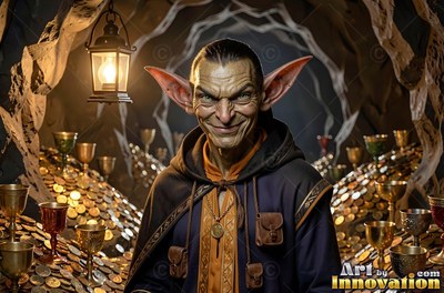 A goblin man grins by lantern light before piles of gold coins in a cave