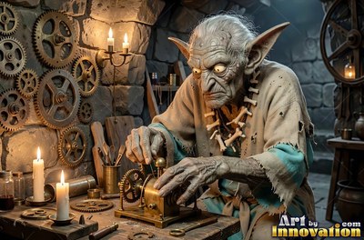 In a stone workshop, an old goblin man tinkers with a small brass machine