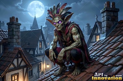 Crouching on a tiled roof under the moon, a goblin man wears a feather headdress
