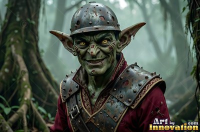 A grinning goblin man wearing a rusty helmet in a misty forest