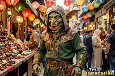 Hooded in green cloth, a grinning goblin man walks through a crowded market street under lanterns