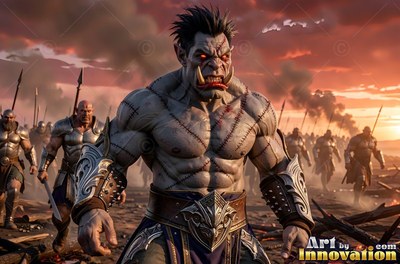 A scarred orc man leads soldiers across a battlefield under dusty orange clouds