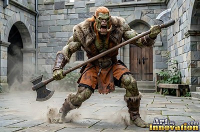 Crouching in a stone courtyard, a muscular orc man roars while holding an axe