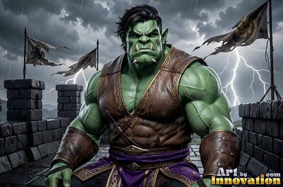 A muscular green orc man in a leather vest sits on a stone wall in the storm