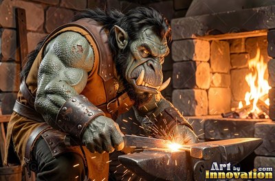 In a stone forge, a muscular orc man hammers hot metal at an anvil
