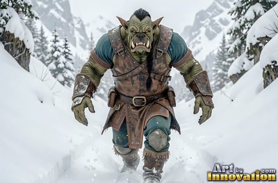 Walking through deep snow, a green orc man wears brown leather armor in the mountains