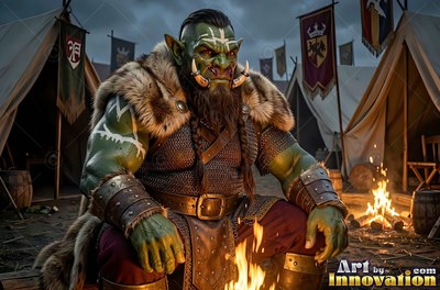 Orc man in fur armor sits near a campfire in a camp