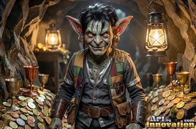 A patchwork vest covers a grinning goblin man standing between piles of gold coins in a cave lantern light