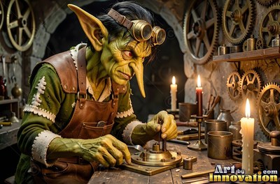 A goblin man wearing goggles tinkers with brass gears in warm candle light
