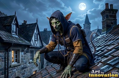 Crouching on a dark tile roof, a hooded goblin man stalks above the town
