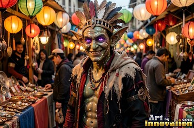 A grinning goblin man wearing a feather crown stands in a busy lantern market