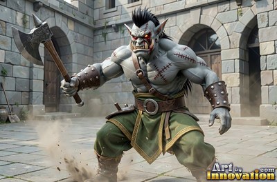 In a stone courtyard, a muscular orc man with scarred gray skin raises a battle axe