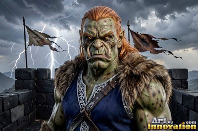 Standing on a stone battlement, an orc man with red hair glares under lightning