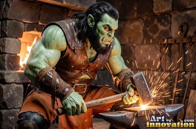 Green orc man in a leather vest hammering hot metal on an anvil