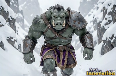 White tusks frame the snout of a green-skinned orc man marching through a snowy mountain pass