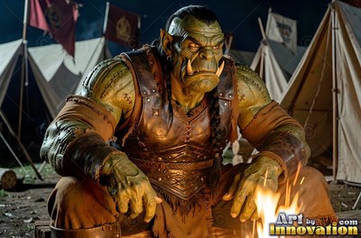 A tusked orc man with green skin sits in camp, lit from below by warm firelight