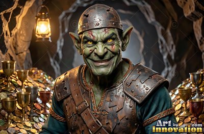 Facing forward in a dark cave, a smiling goblin man with green skin in rusty armor