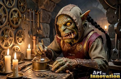 A green goblin man in a hood works on brass gears by candlelight in his workshop