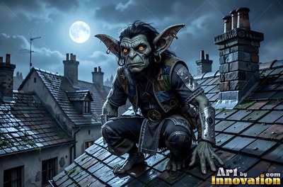 On a tiled rooftop, a goblin man crouches under the full moon
