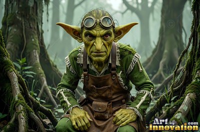 Crouching in a misty swamp, a green goblin man wears round goggles on his head