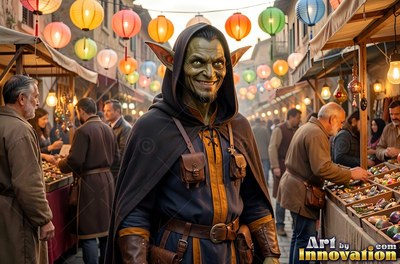A grinning goblin man in a dark hood walks a lantern street market