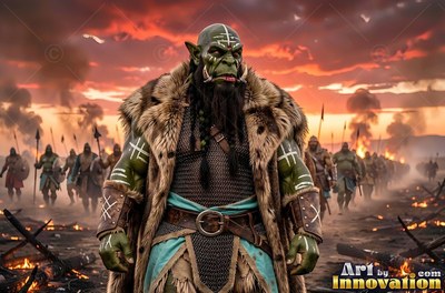 Fur coat on a green orc man standing before an army on a burning field under an orange sunset sky