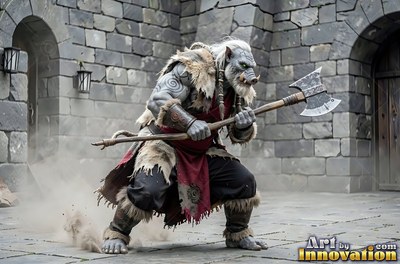 An orc man crouches with a two-headed axe in cool daylight against gray stone