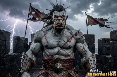Facing forward on stone ramparts, a muscular orc man stands under lightning
