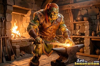 An orc man with green skin in a leather vest inspects a hot sword blade on an anvil