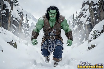 In a snowy mountain pass, a green orc man walks forward in a leather vest