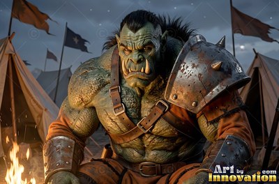 Resting near a camp fire, a green-skinned orc man wears iron armor by tents