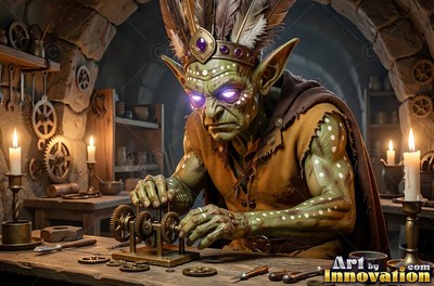 A goblin man tinkering with brass gears by candlelight