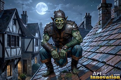 Leather armor covers a goblin man crouching on a wet slate roof under the moon