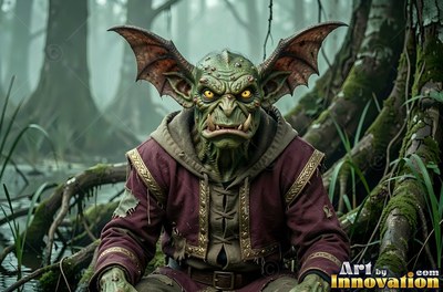A bat-eared goblin man glares ahead in a swamp under pale gray light
