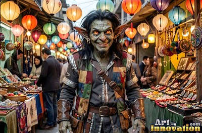 Facing forward in a lantern market, a goblin man grins in a patchwork vest