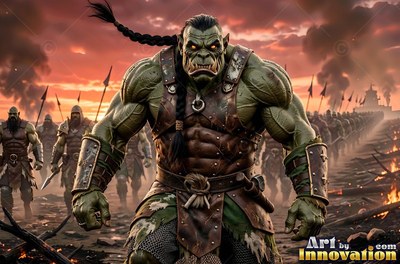 A muscular green orc man walks ahead of his army under a smoky orange sky