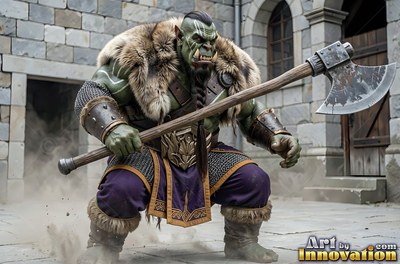 In a stone courtyard, a muscular orc man crouches with a heavy battle axe