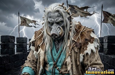 Standing on stone ramparts, a tusked orc man in fur watches a lightning storm