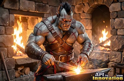 Mus cular orc man sharpening blades at an anvil by firelight