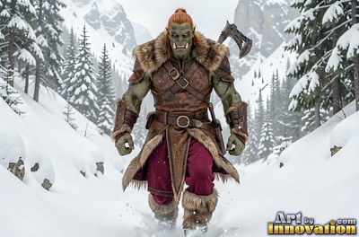 Fur-lined leather armor covers a tusked orc man walking through a snowy mountain pass