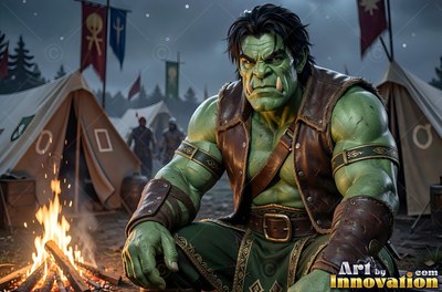 A muscular green orc man sits by a campfire, his skin lit by orange flames
