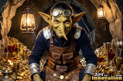 Crouching inside a cave, a goblin man grins by lantern light surrounded by gold coins