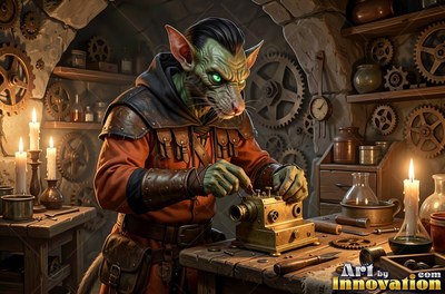 A goblin man with green skin in an orange tunic builds a small brass device by candlelight