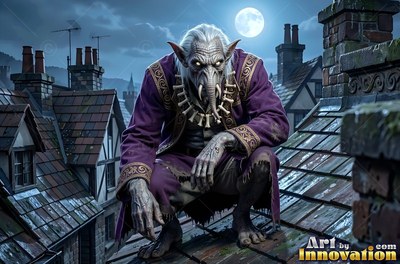 On a moonlit rooftop, a goblin man in a purple coat crouches low