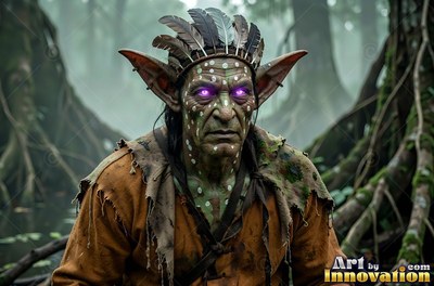 Staring forward in a swamp, a goblin man wears a feather headdress